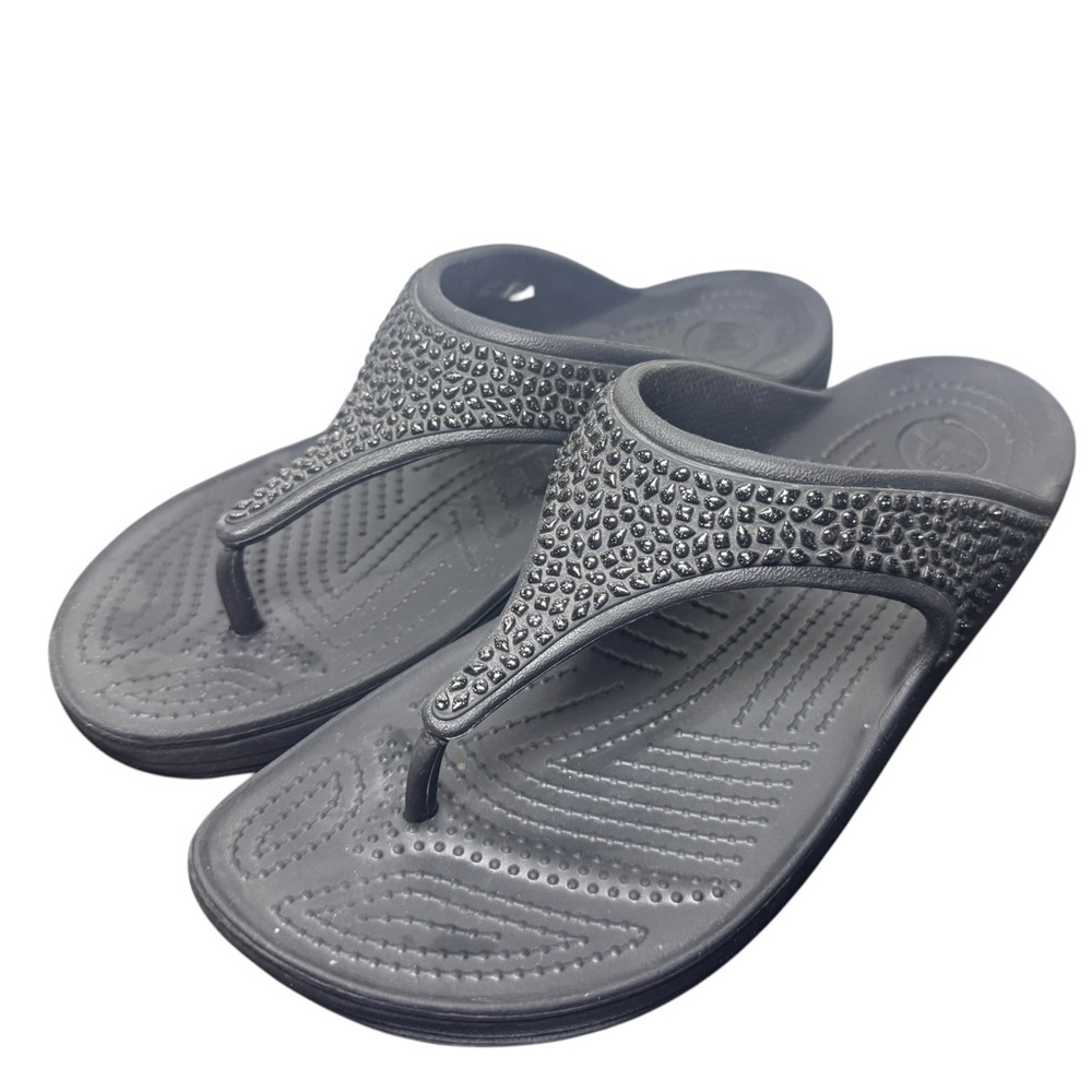 Crocs Sandals Womens 10 Sloane Embellished Flip Flop Black Toe-Post Wedge 204181